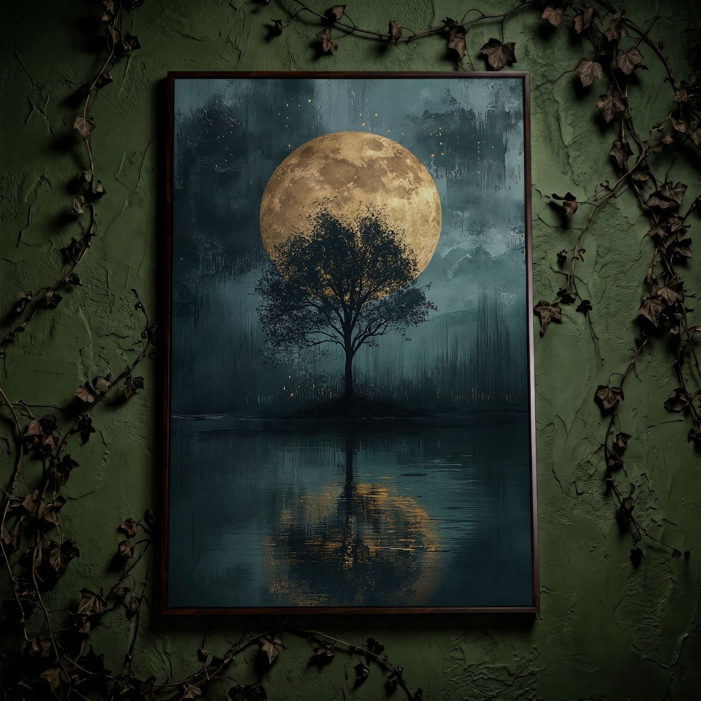 Silhouette Tree with Full Moon Canvas in dark walnut floating frame