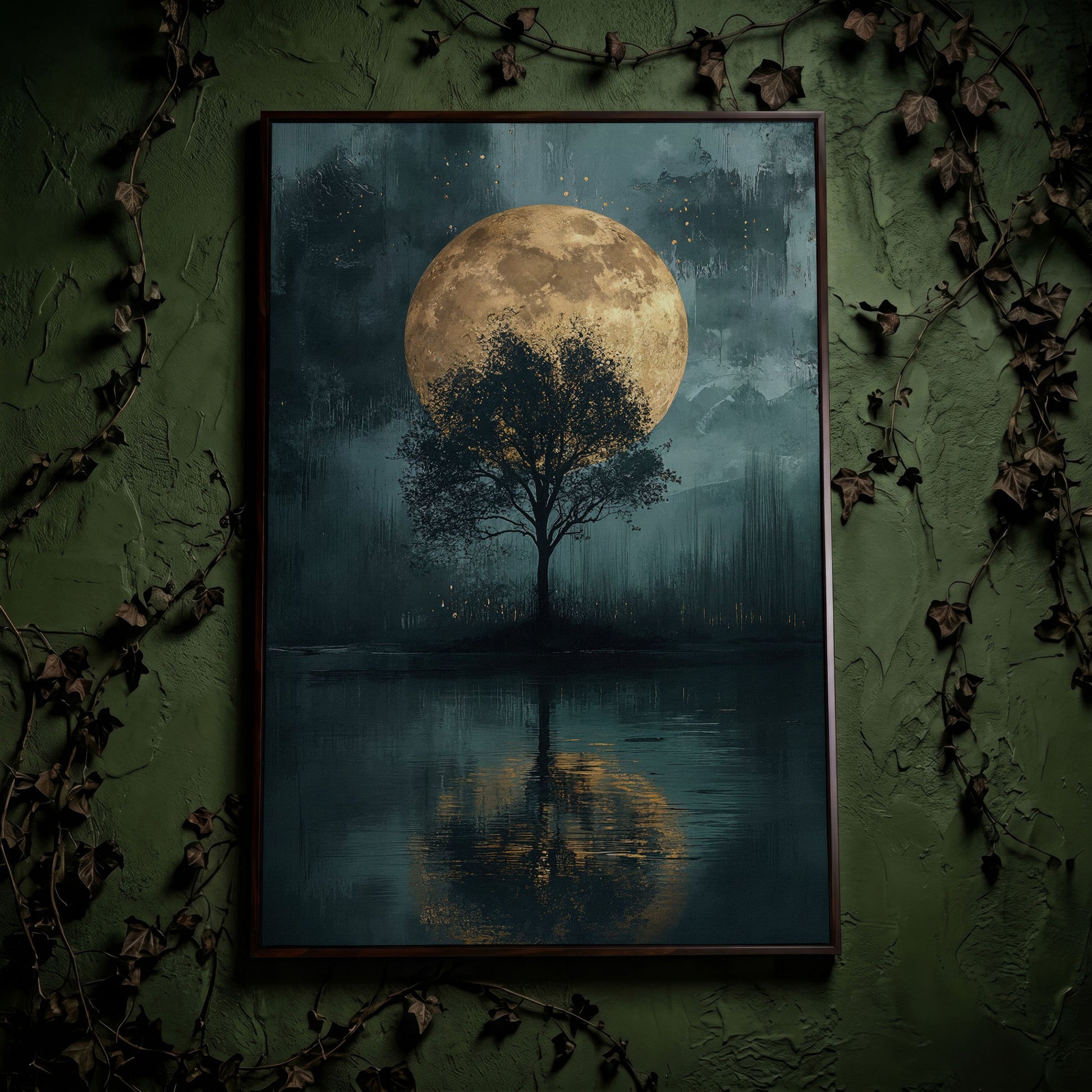 Silhouette Tree with Full Moon Canvas in dark walnut floating frame