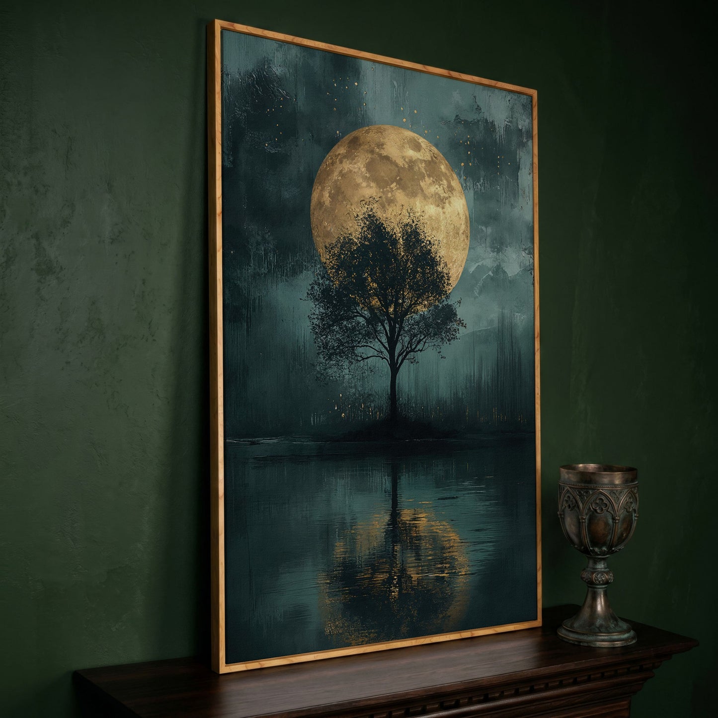 Silhouette Tree with Full Moon Canvas in white oak floating frame