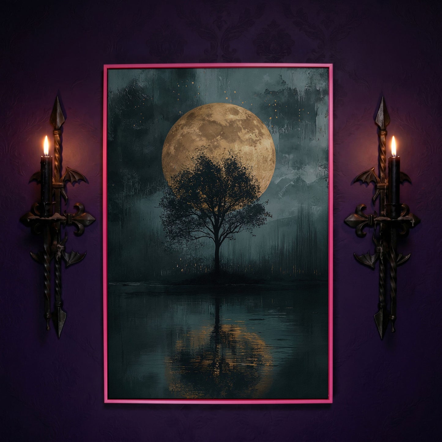 Silhouette Tree with Full Moon Canvas in pink floating frame