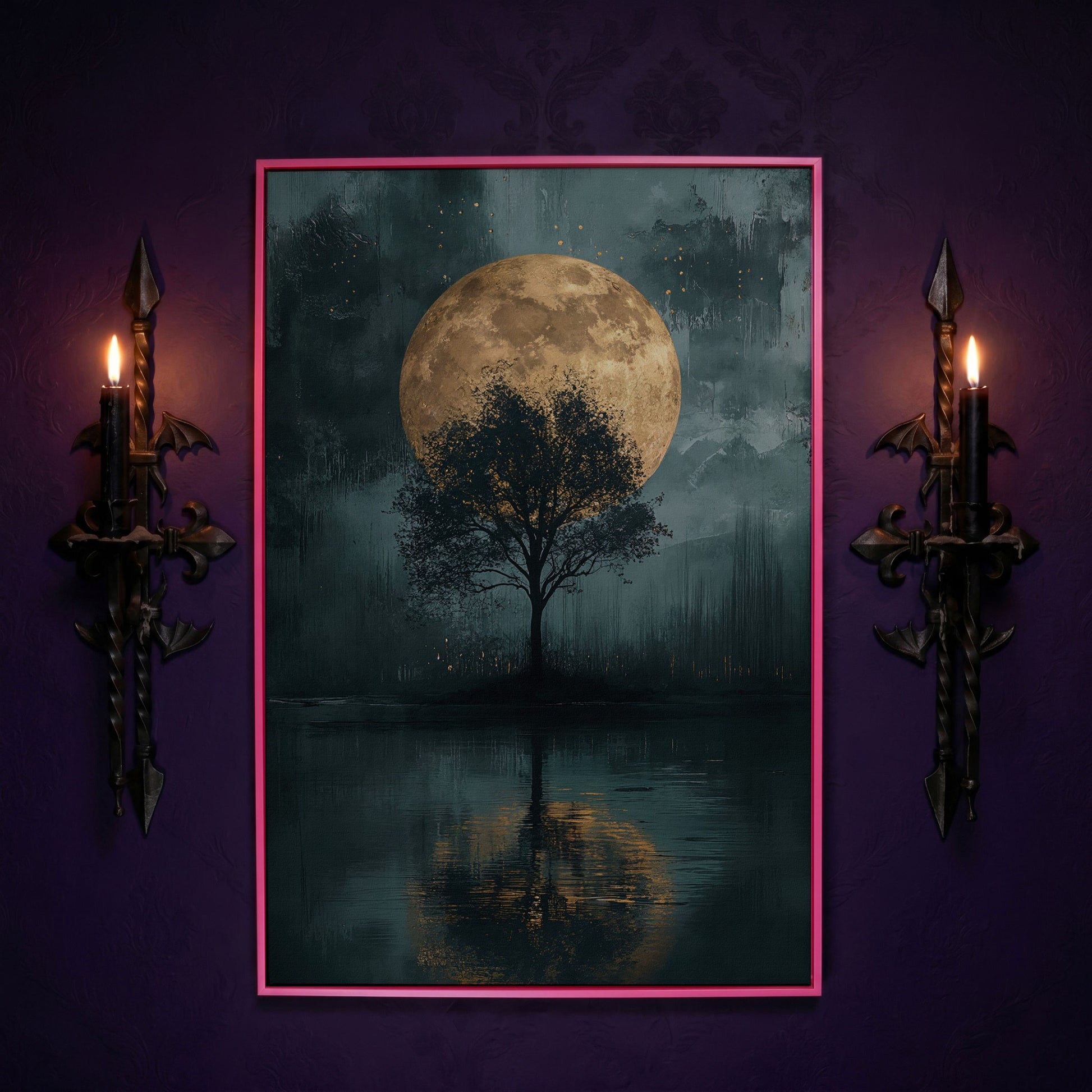 Silhouette Tree with Full Moon Canvas in pink floating frame