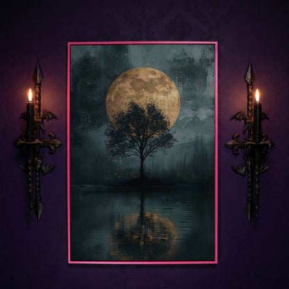 Silhouette Tree with Full Moon Canvas in pink floating frame