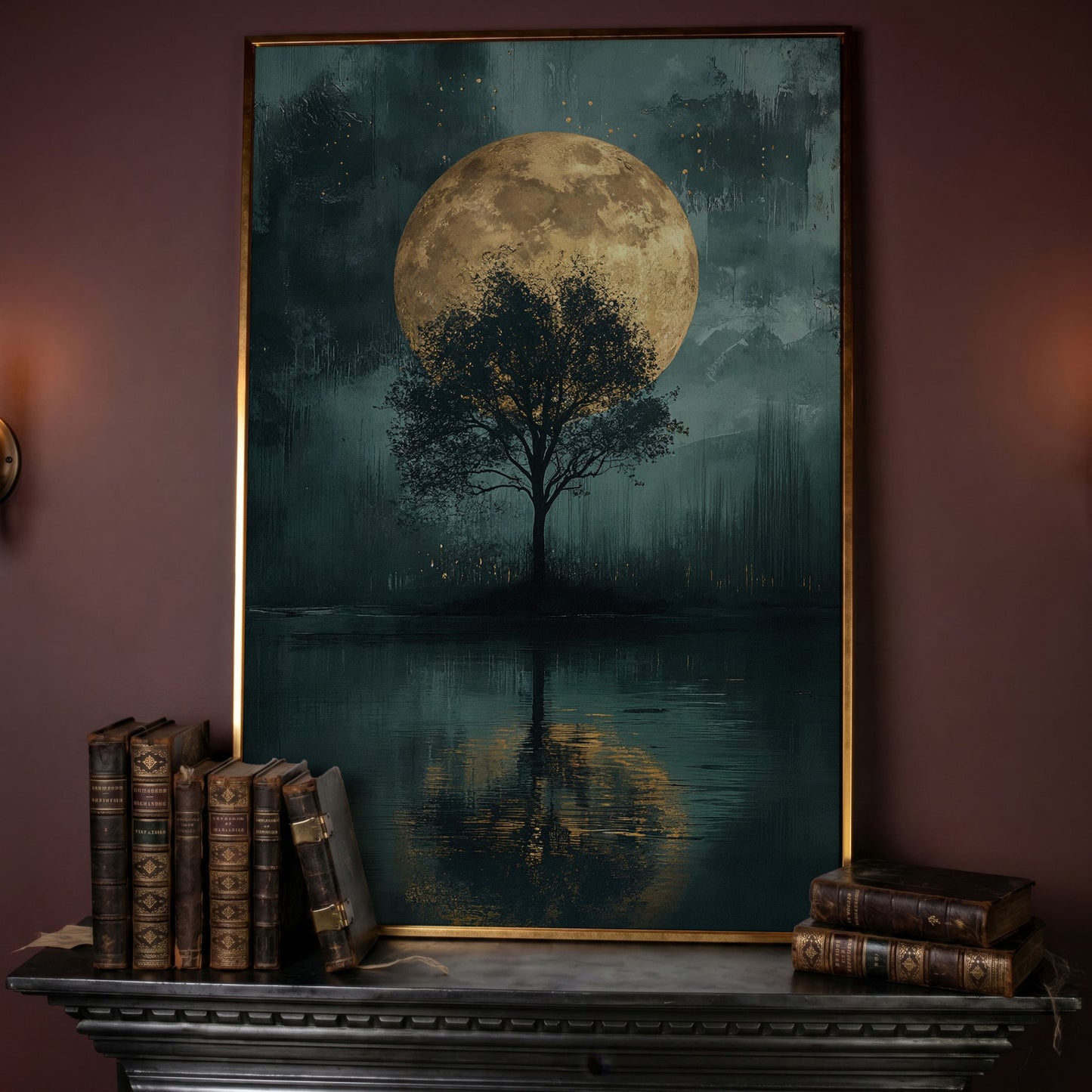 Silhouette Tree with Full Moon Canvas in rose gold floating frame