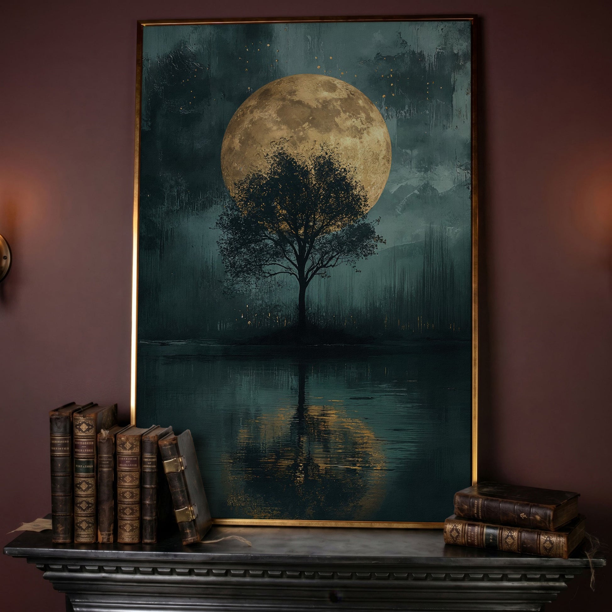 Silhouette Tree with Full Moon Canvas in rose gold floating frame