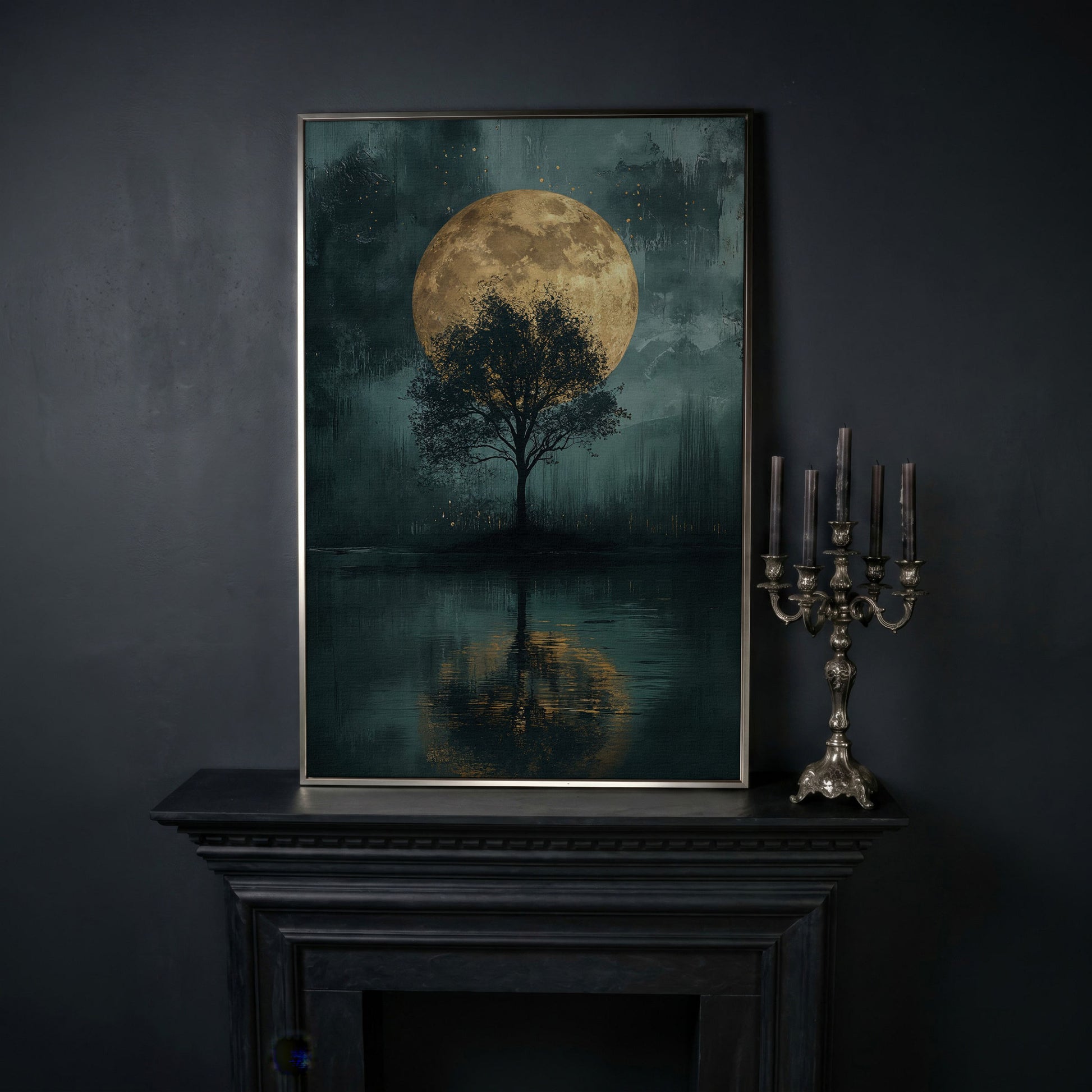 Silhouette Tree with Full Moon Canvas in silver floating frame