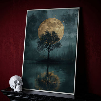 Silhouette Tree with Full Moon Canvas in white floating frame