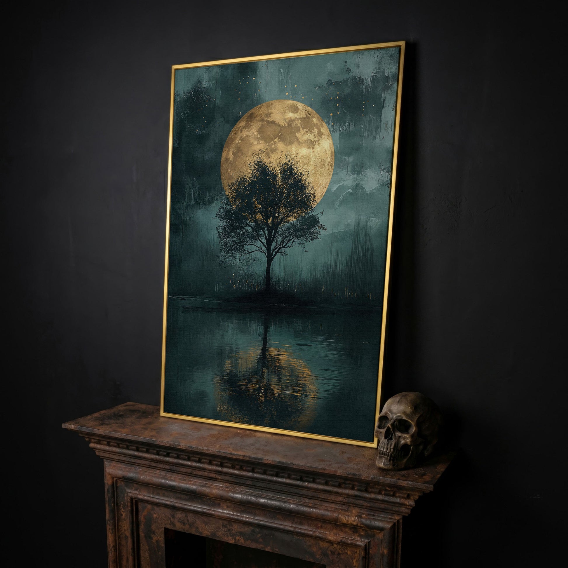 Silhouette Tree with Full Moon Canvas in yellow gold floating frame