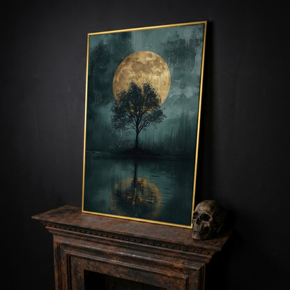 Silhouette Tree with Full Moon Canvas in yellow gold floating frame