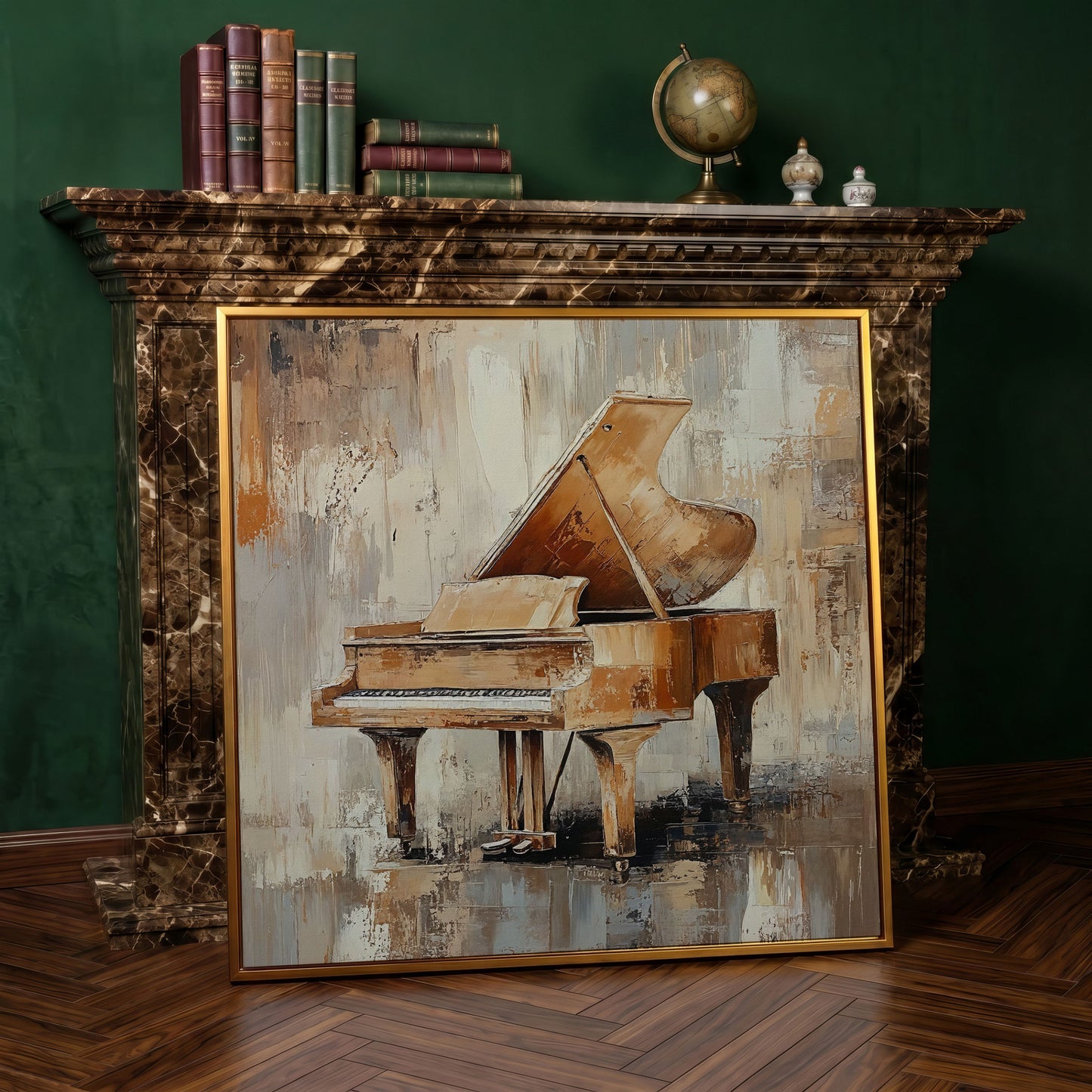 Grand Piano Musical Instrument Canvas Wall Art in antique gold floating frame