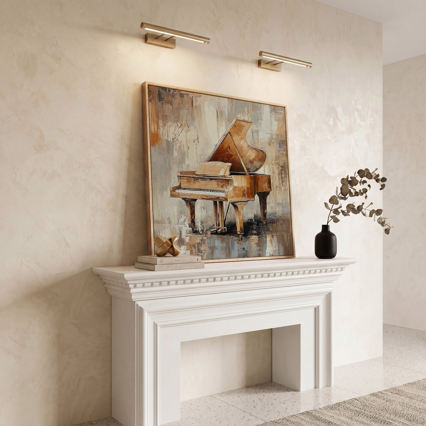 Grand Piano Musical Instrument Canvas Wall Art in white oak floating frame