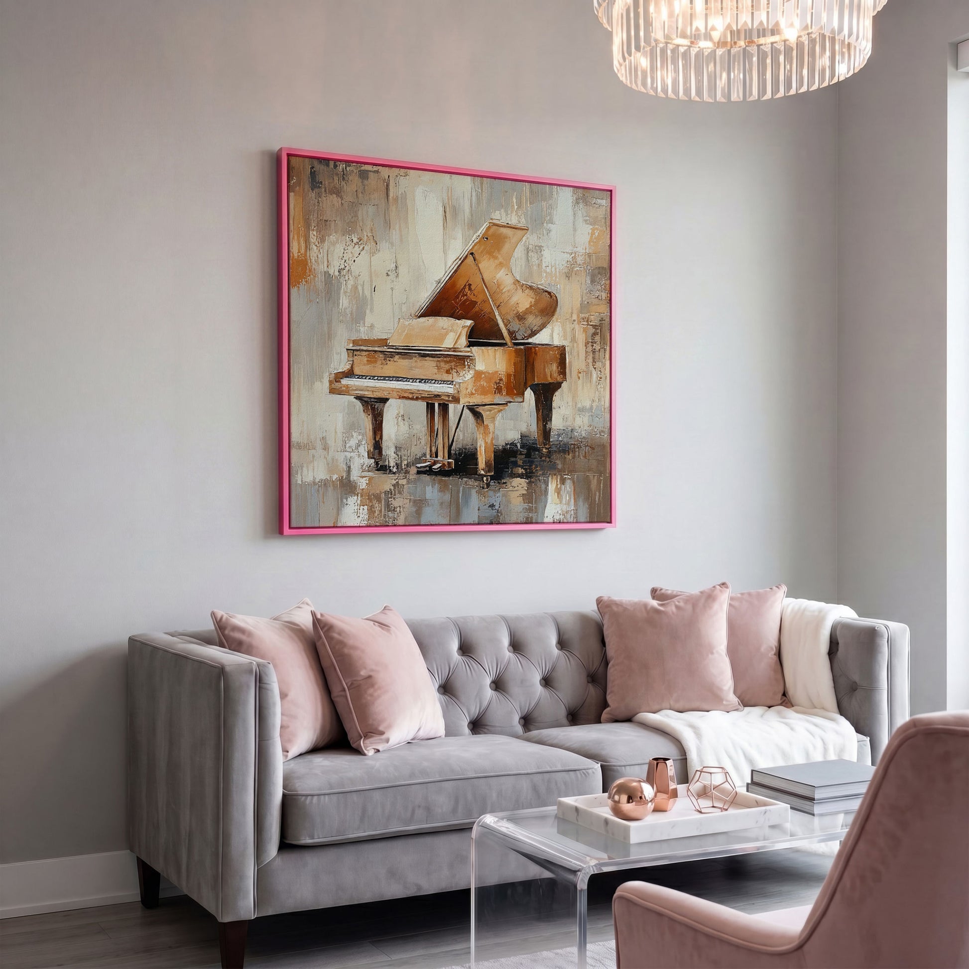 Grand Piano Musical Instrument Canvas Wall Art in pink floating frame