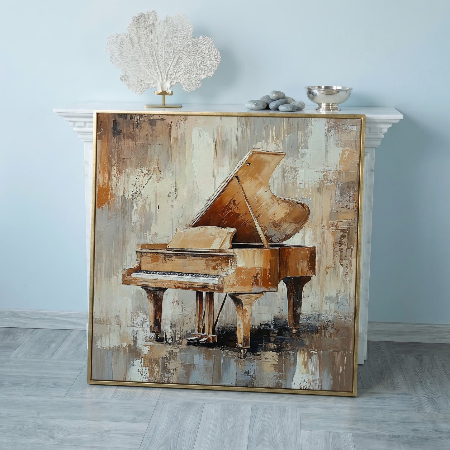 Grand Piano Musical Instrument Canvas Wall Art in rose gold floating frame