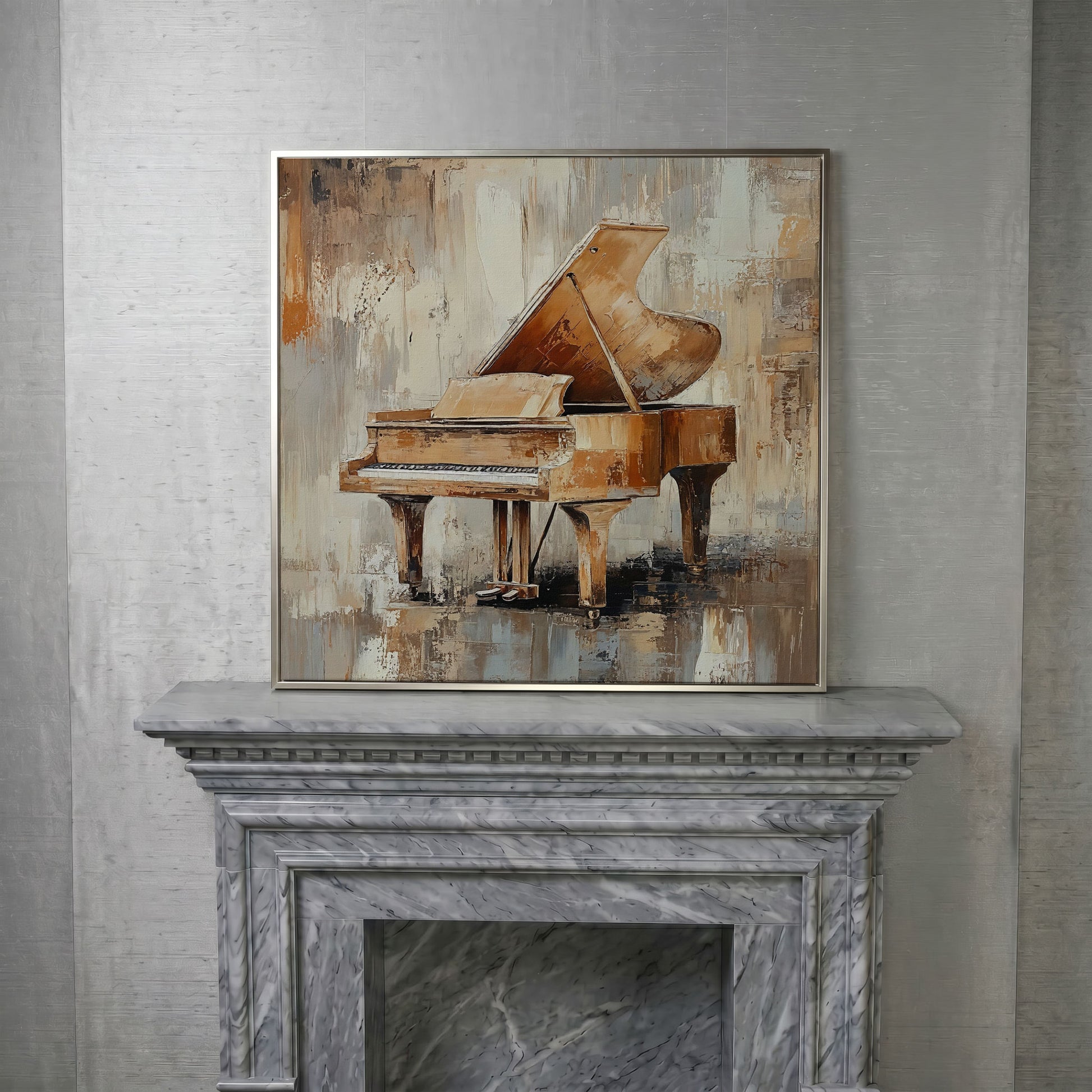 Grand Piano Musical Instrument Canvas Wall Art in silver floating frame
