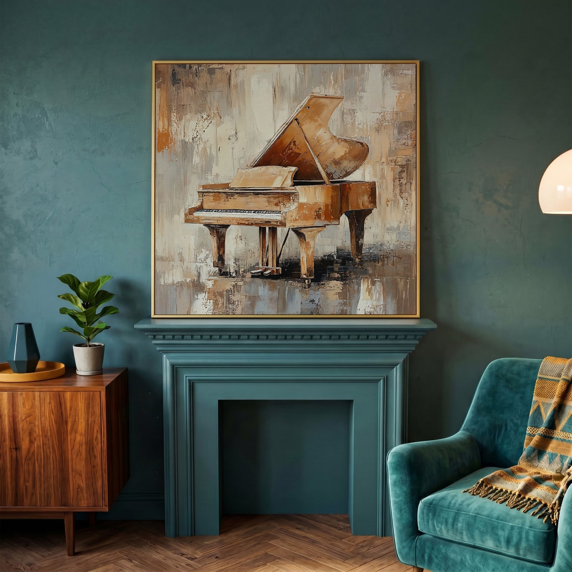 Grand Piano Musical Instrument Canvas Wall Art in yellow gold floating frame