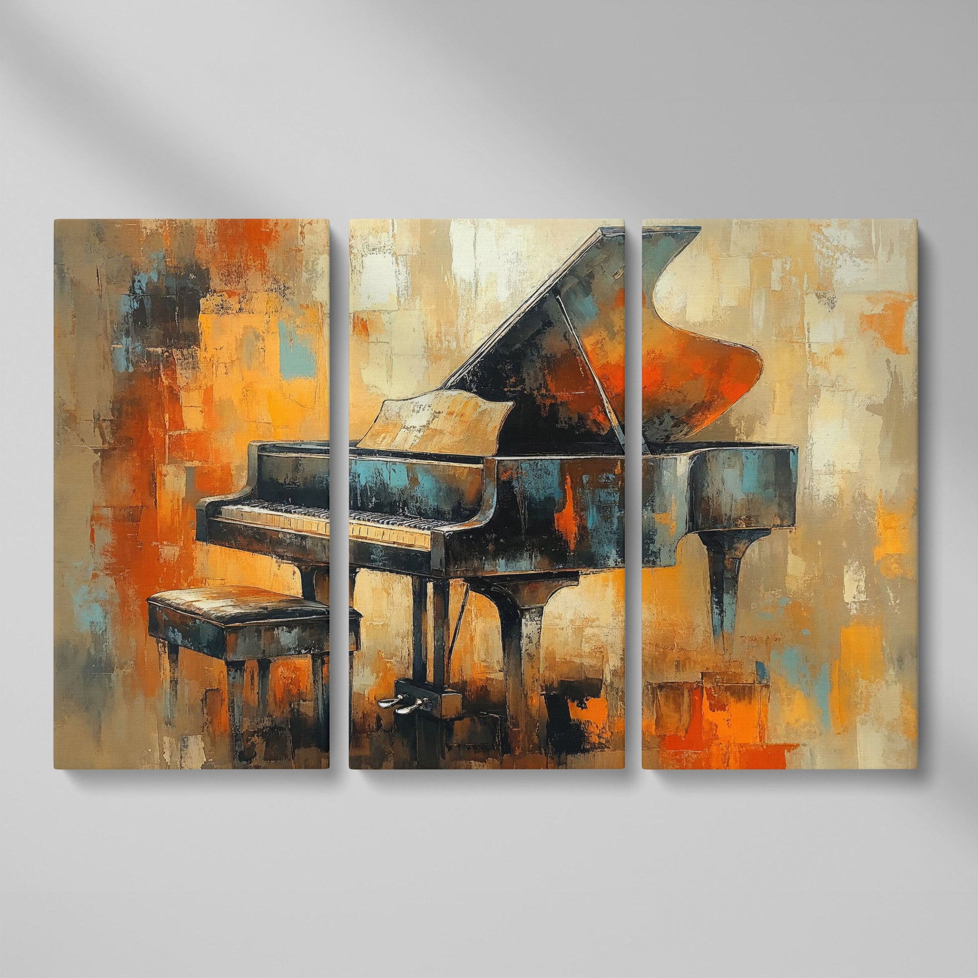 Grand Piano Canvas Print with Burnt Sienna & Teal as 3-panel split version