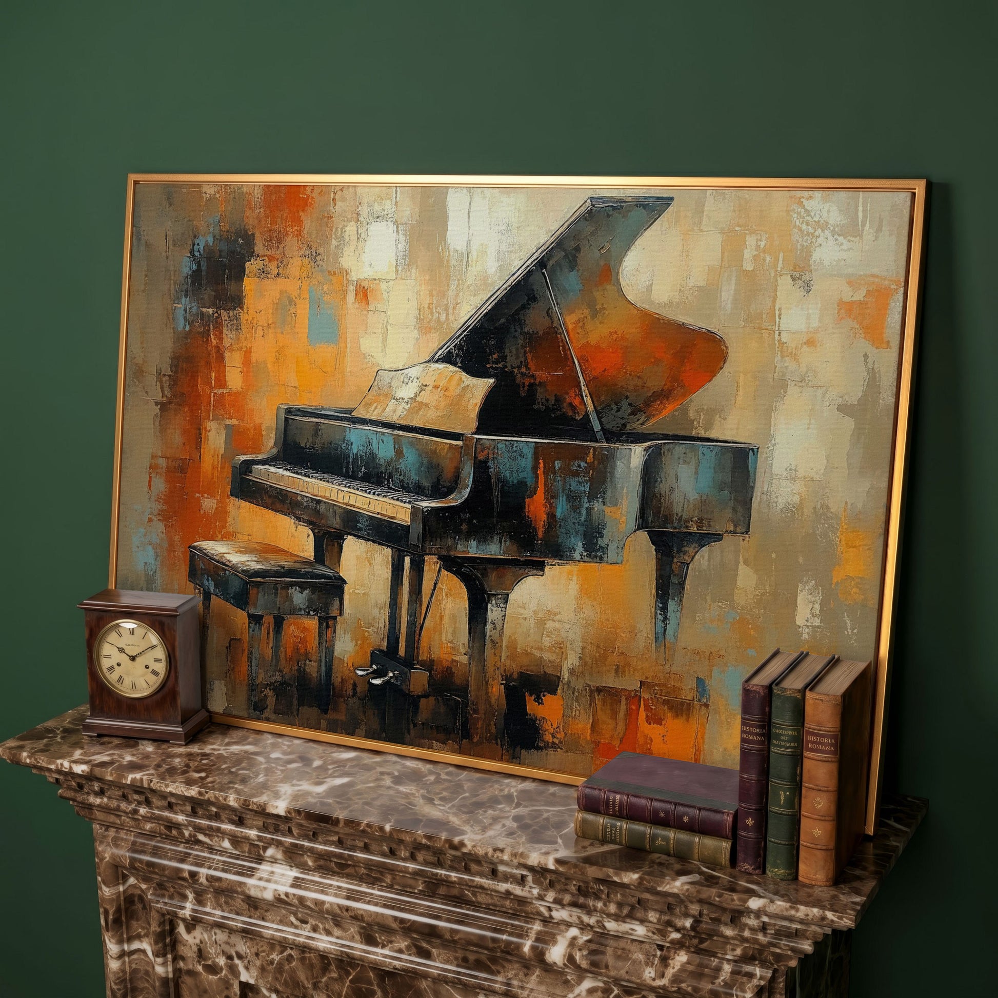 Grand Piano Canvas Print with Burnt Sienna & Teal in antique gold floating frame