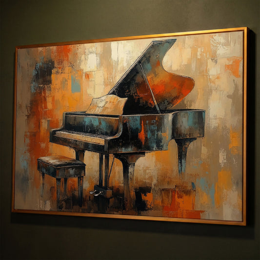 Grand Piano Canvas Print with Burnt Sienna & Teal shown in antique gold floating frame