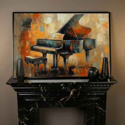 Grand Piano Canvas Print with Burnt Sienna & Teal in black floating frame