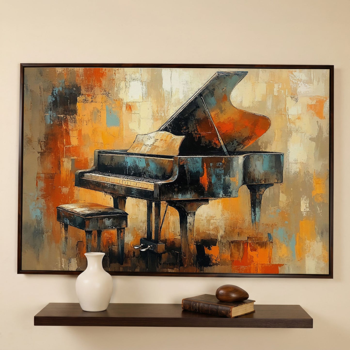 Grand Piano Canvas Print with Burnt Sienna & Teal in dark walnut floating frame