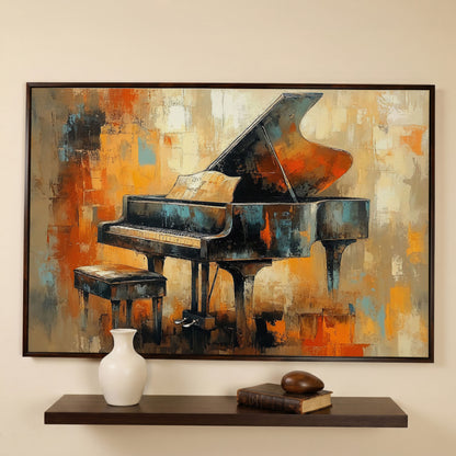 Grand Piano Canvas Print with Burnt Sienna & Teal in dark walnut floating frame