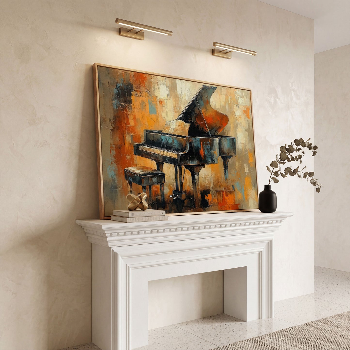 Grand Piano Canvas Print with Burnt Sienna & Teal in white oak floating frame