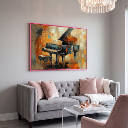 Grand Piano Canvas Print with Burnt Sienna & Teal in pink floating frame