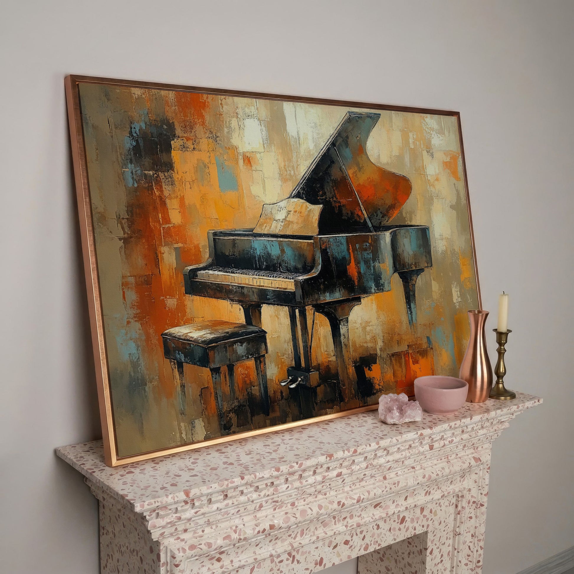 Grand Piano Canvas Print with Burnt Sienna & Teal in rose gold floating frame