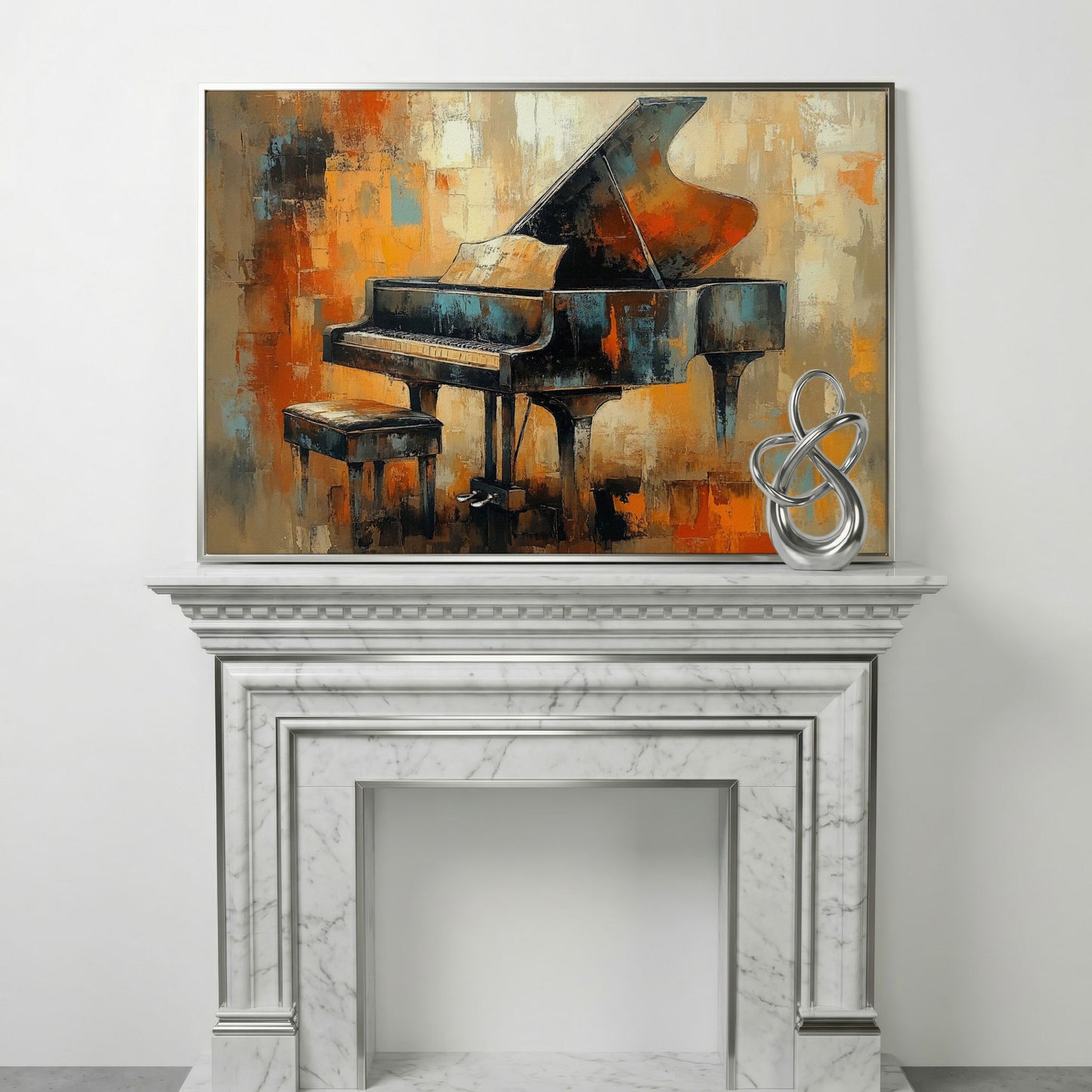 Grand Piano Canvas Print with Burnt Sienna & Teal in silver floating frame