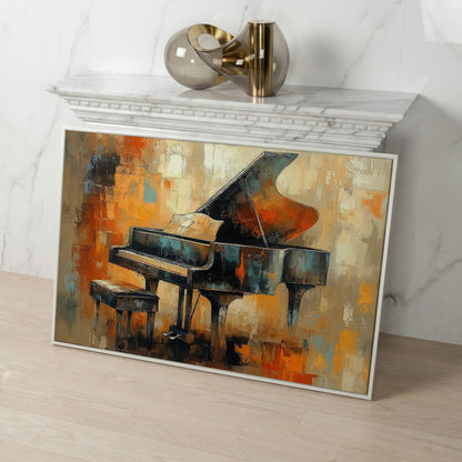 Grand Piano Canvas Print with Burnt Sienna & Teal in white floating frame