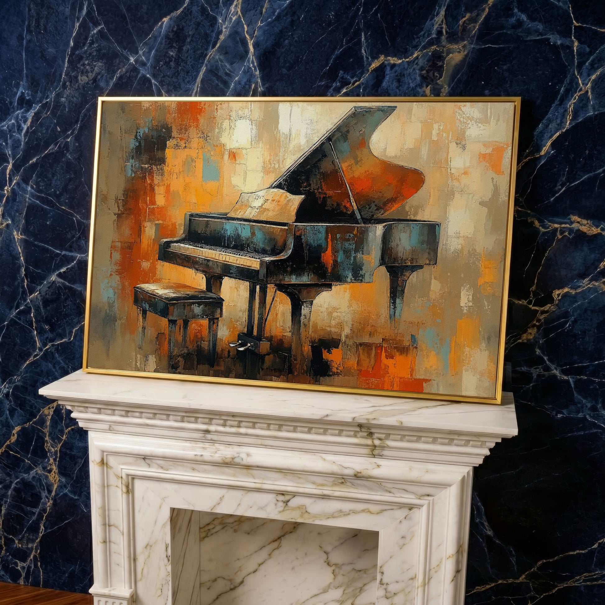 Grand Piano Canvas Print with Burnt Sienna & Teal in yellow gold floating frame