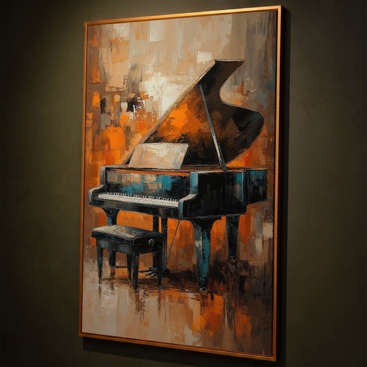 Grand Piano with Sheet Music Canvas shown in antique gold floating frame