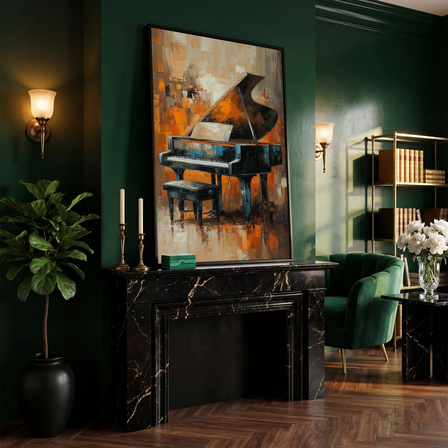 Grand Piano with Sheet Music Canvas in black floating frame
