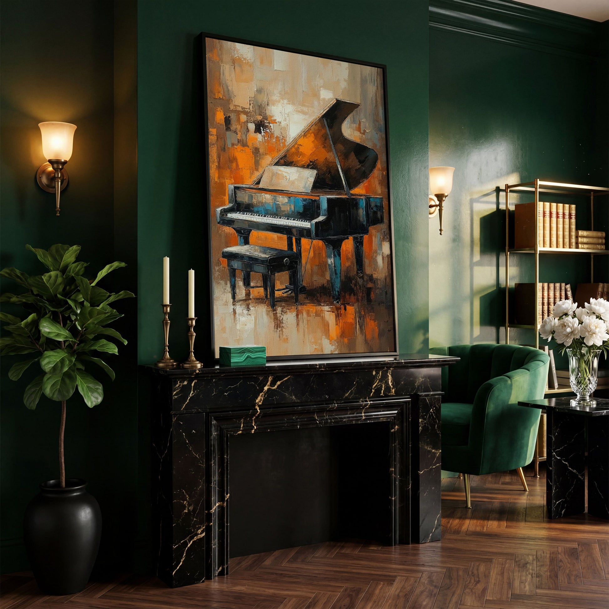 Grand Piano with Sheet Music Canvas in black floating frame