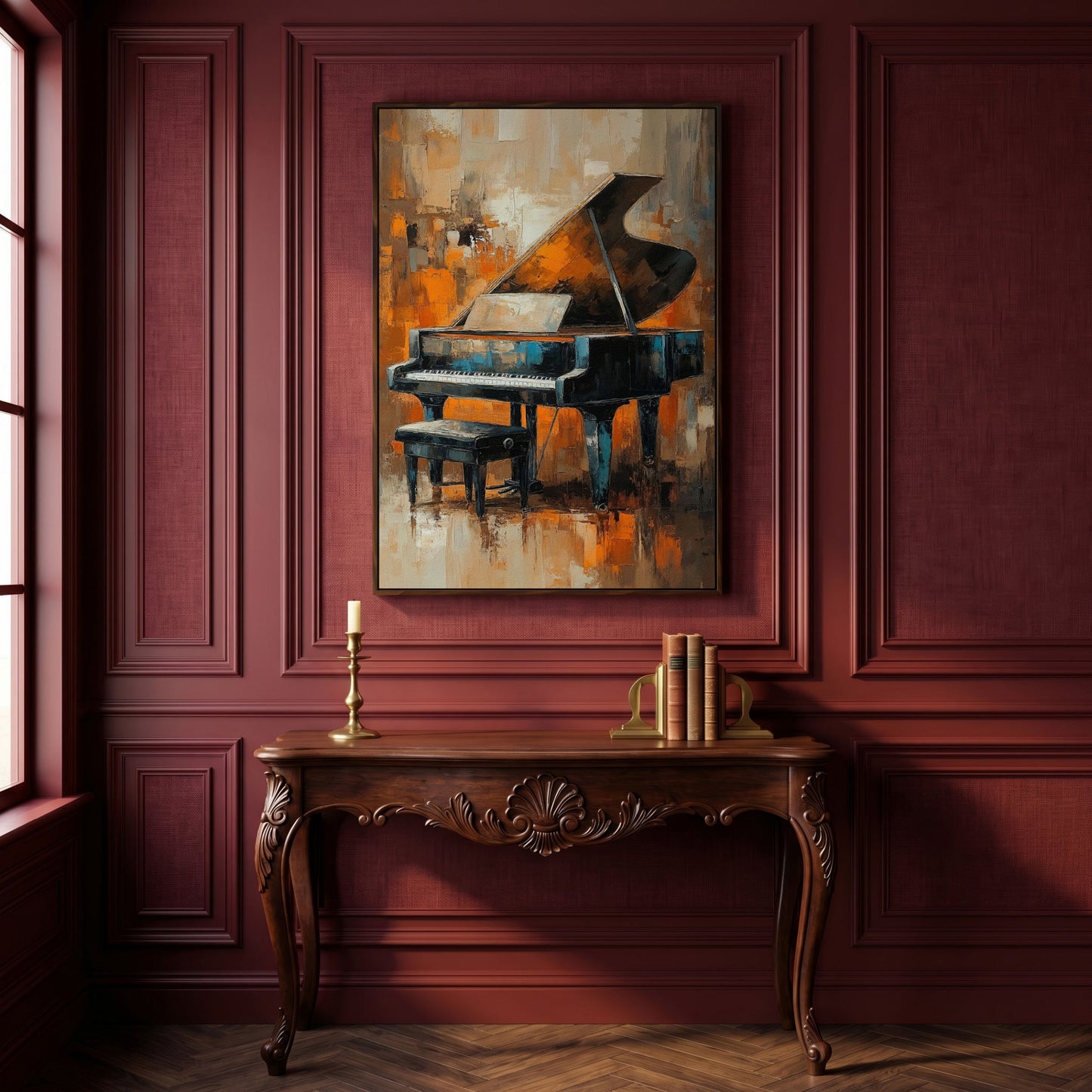 Grand Piano with Sheet Music Canvas in dark walnut floating frame