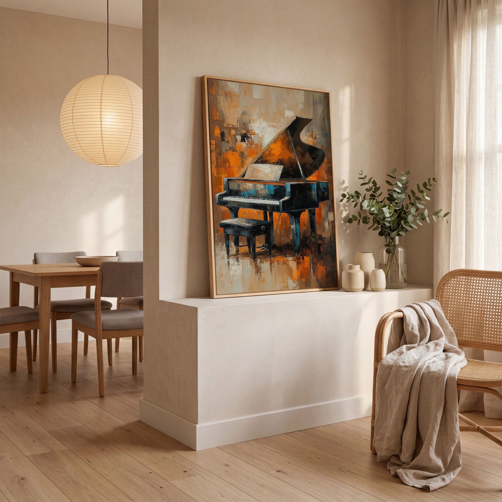 Grand Piano with Sheet Music Canvas in white oak floating frame