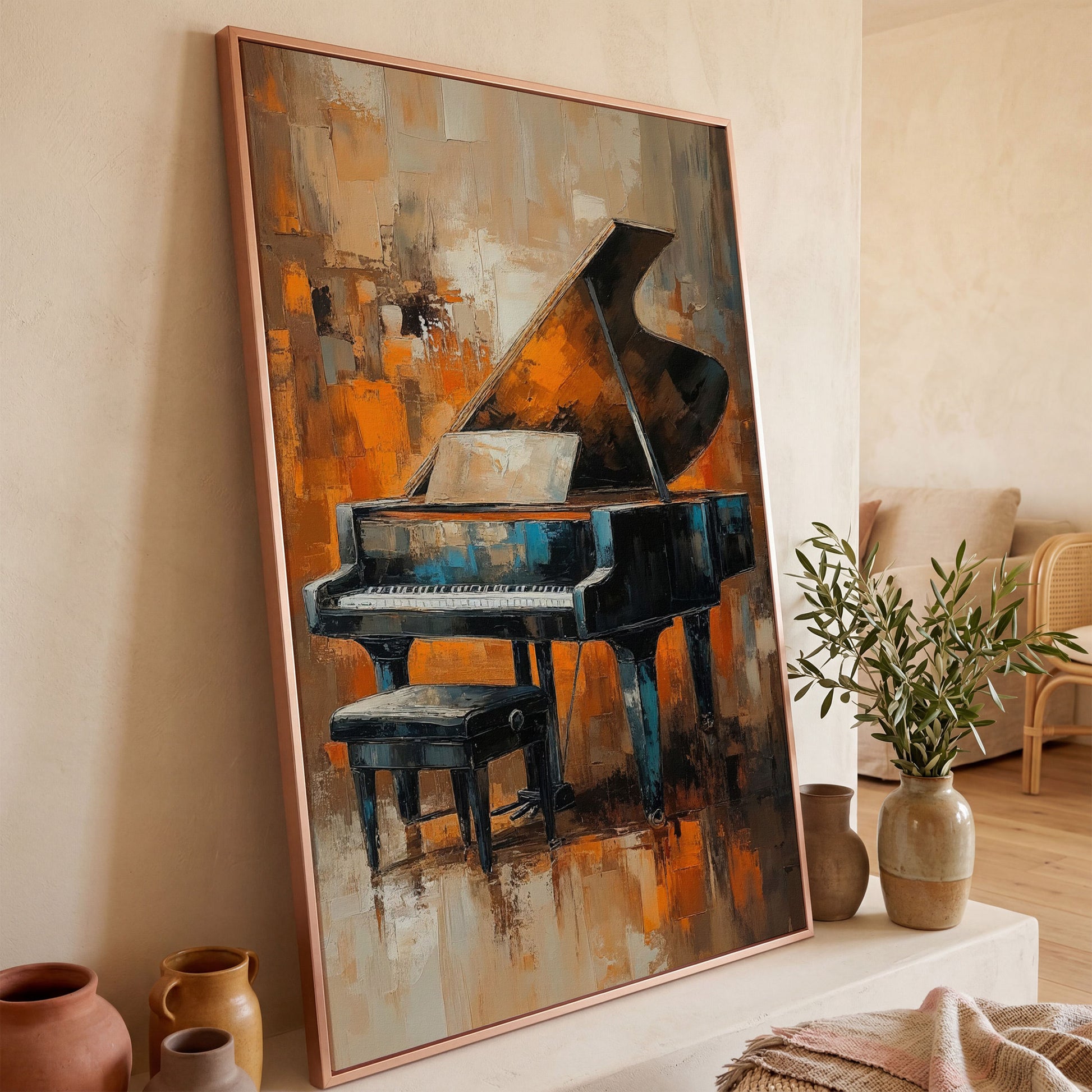 Grand Piano with Sheet Music Canvas in rose gold floating frame