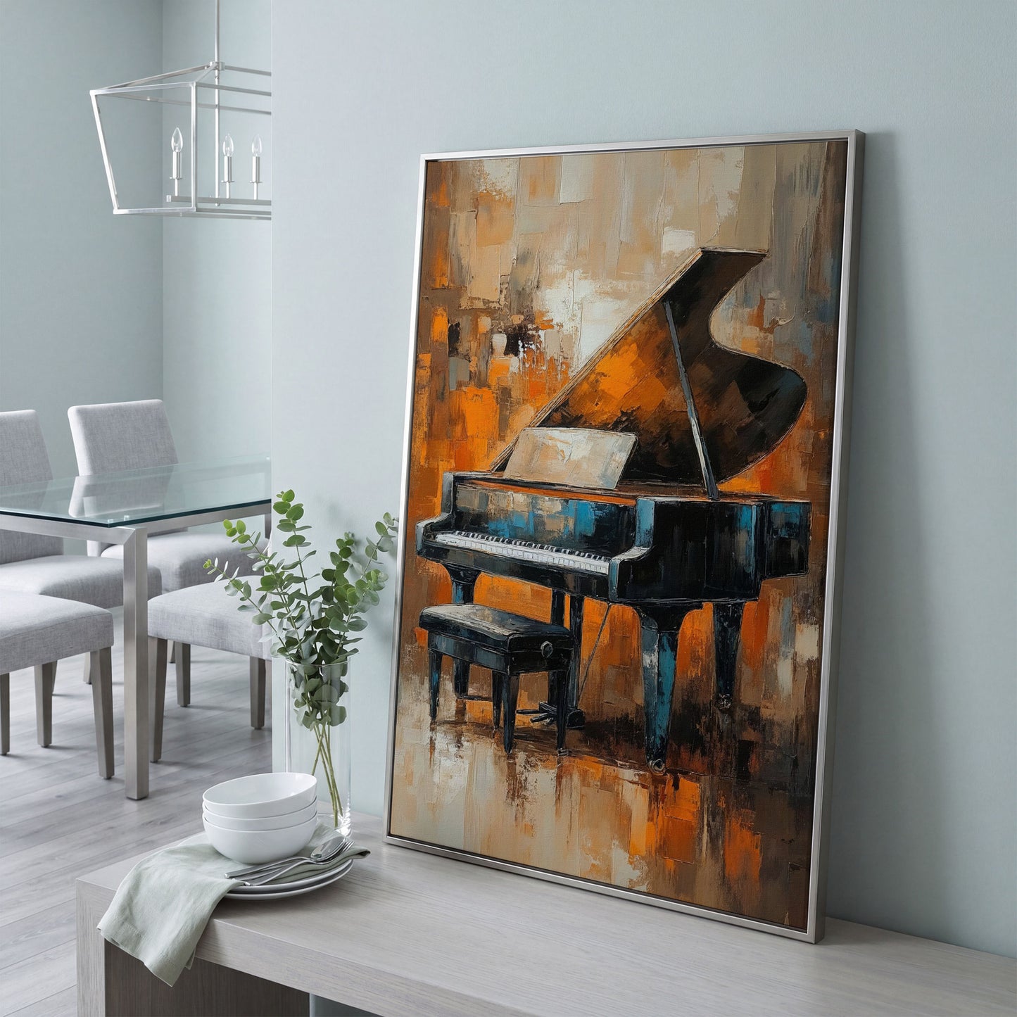Grand Piano with Sheet Music Canvas in silver floating frame