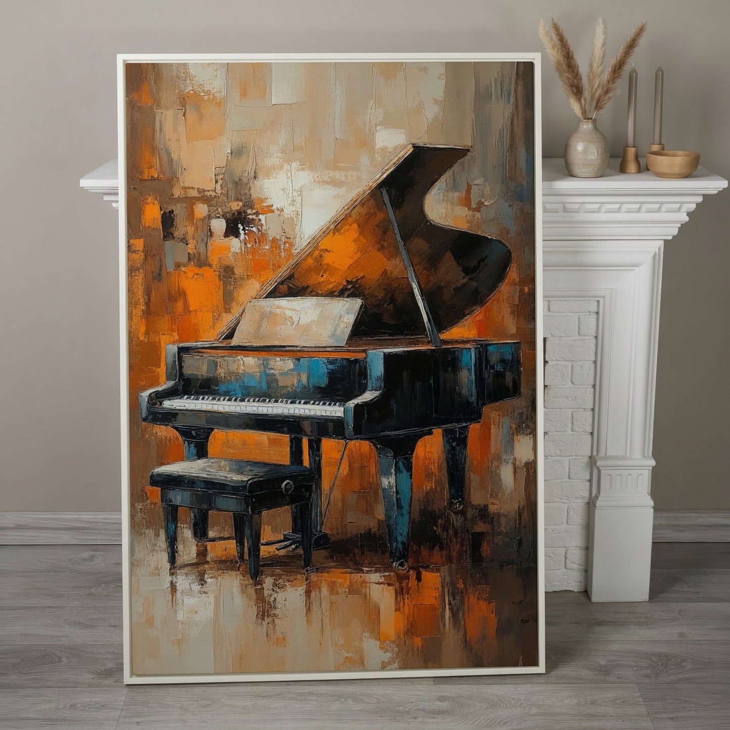 Grand Piano with Sheet Music Canvas in white floating frame