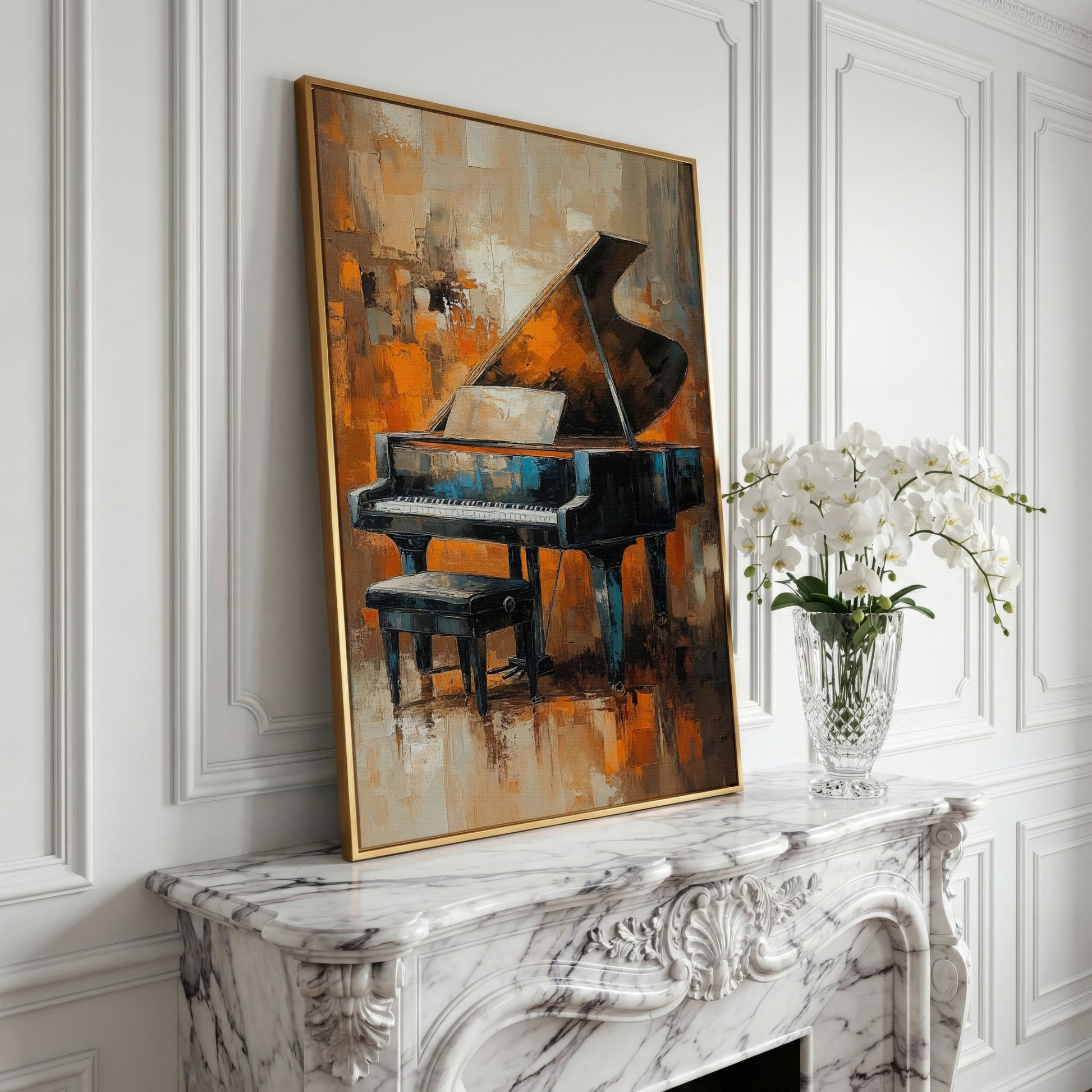 Grand Piano with Sheet Music Canvas in yellow gold floating frame