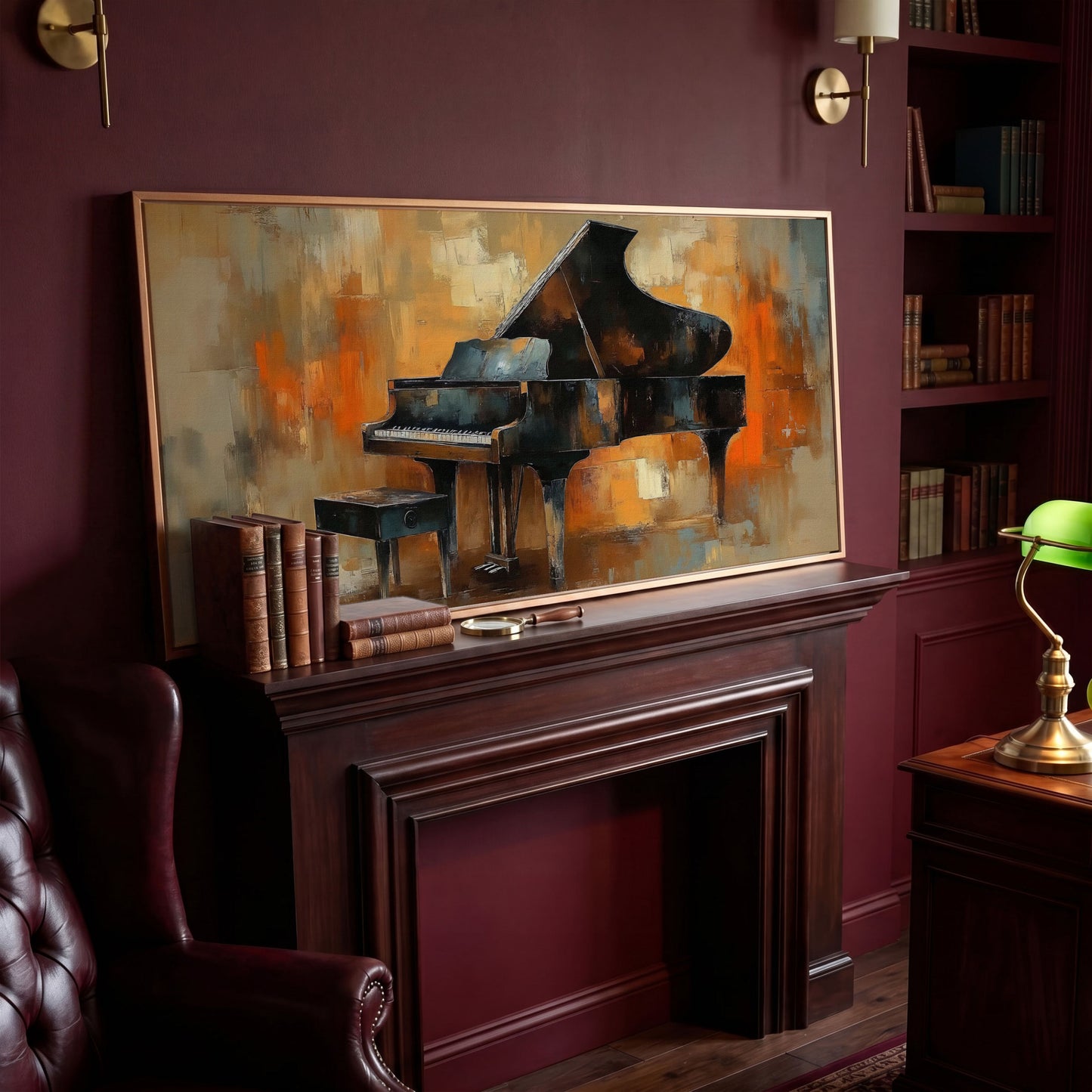 Grand Piano Canvas Wall Art in antique gold floating frame