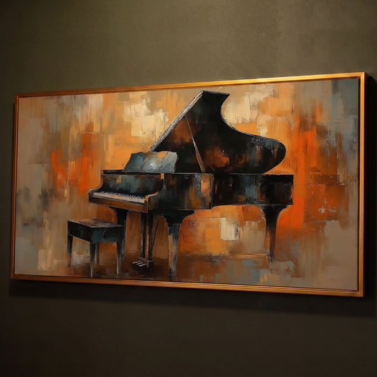 Grand Piano Canvas Wall Art shown in antique gold floating frame