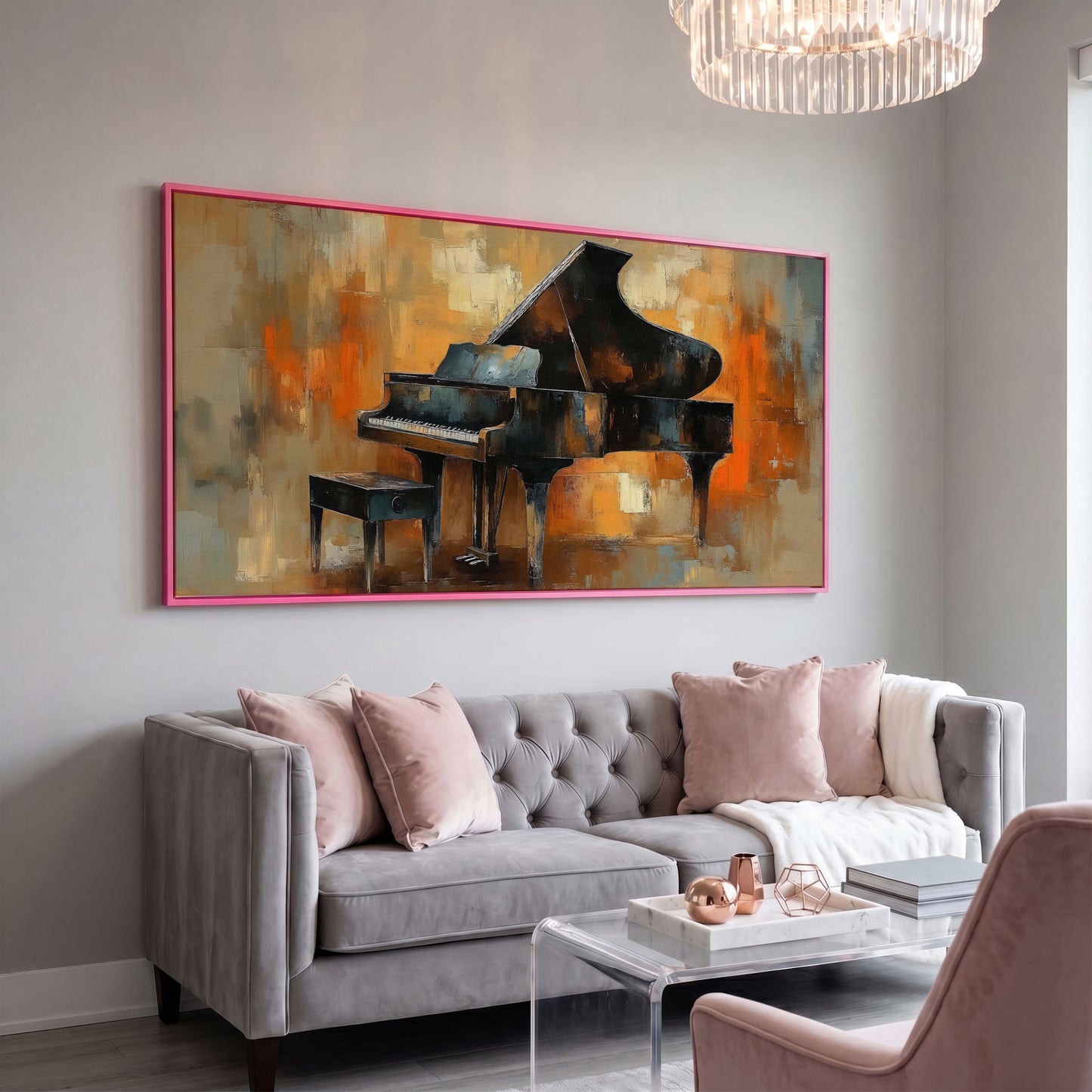 Grand Piano Canvas Wall Art in pink floating frame