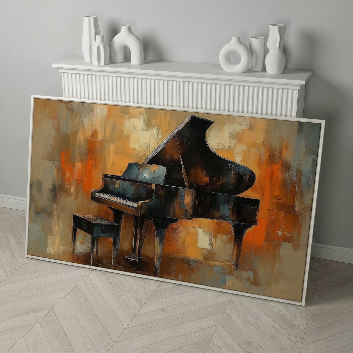 Grand Piano Canvas Wall Art in white floating frame
