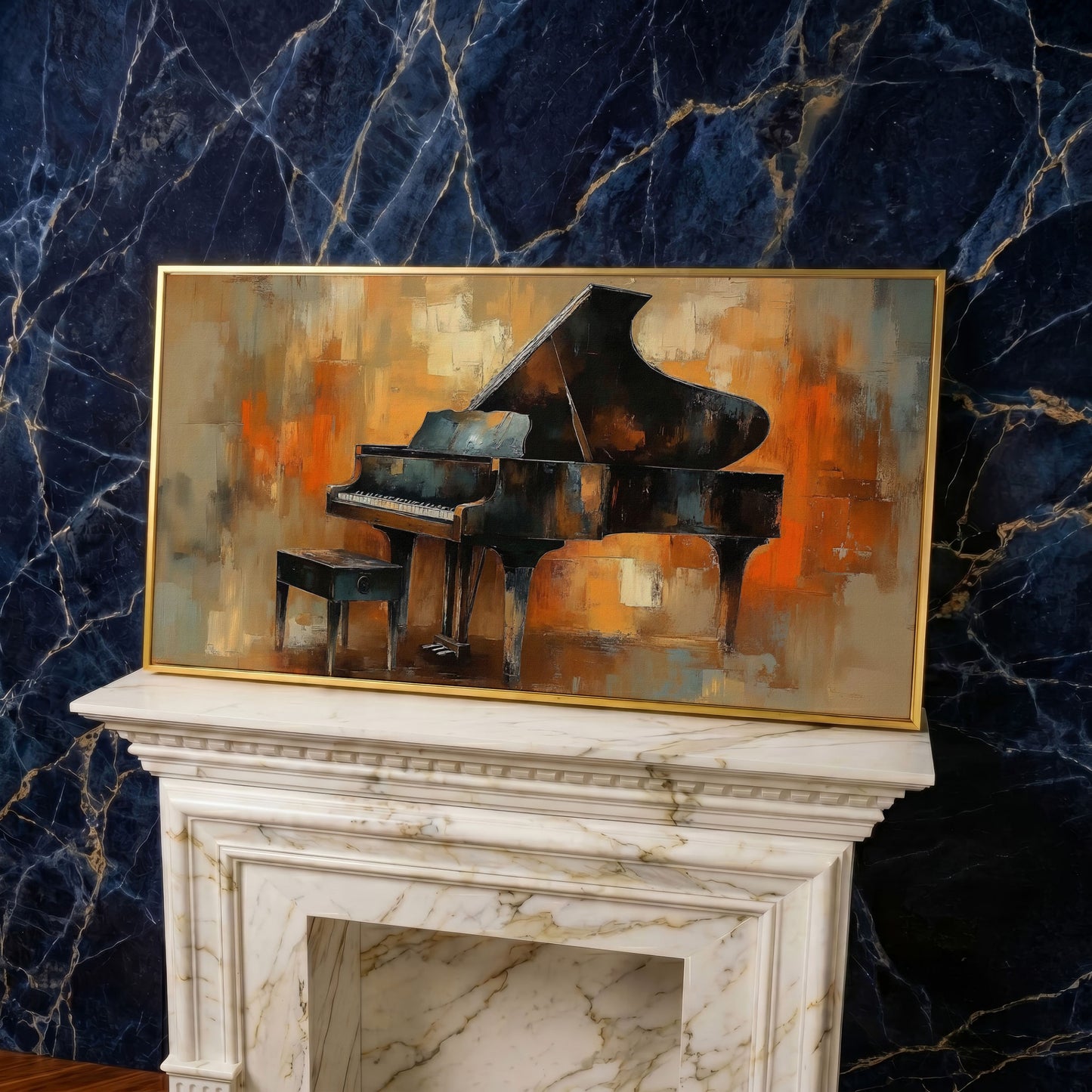 Grand Piano Canvas Wall Art in yellow gold floating frame