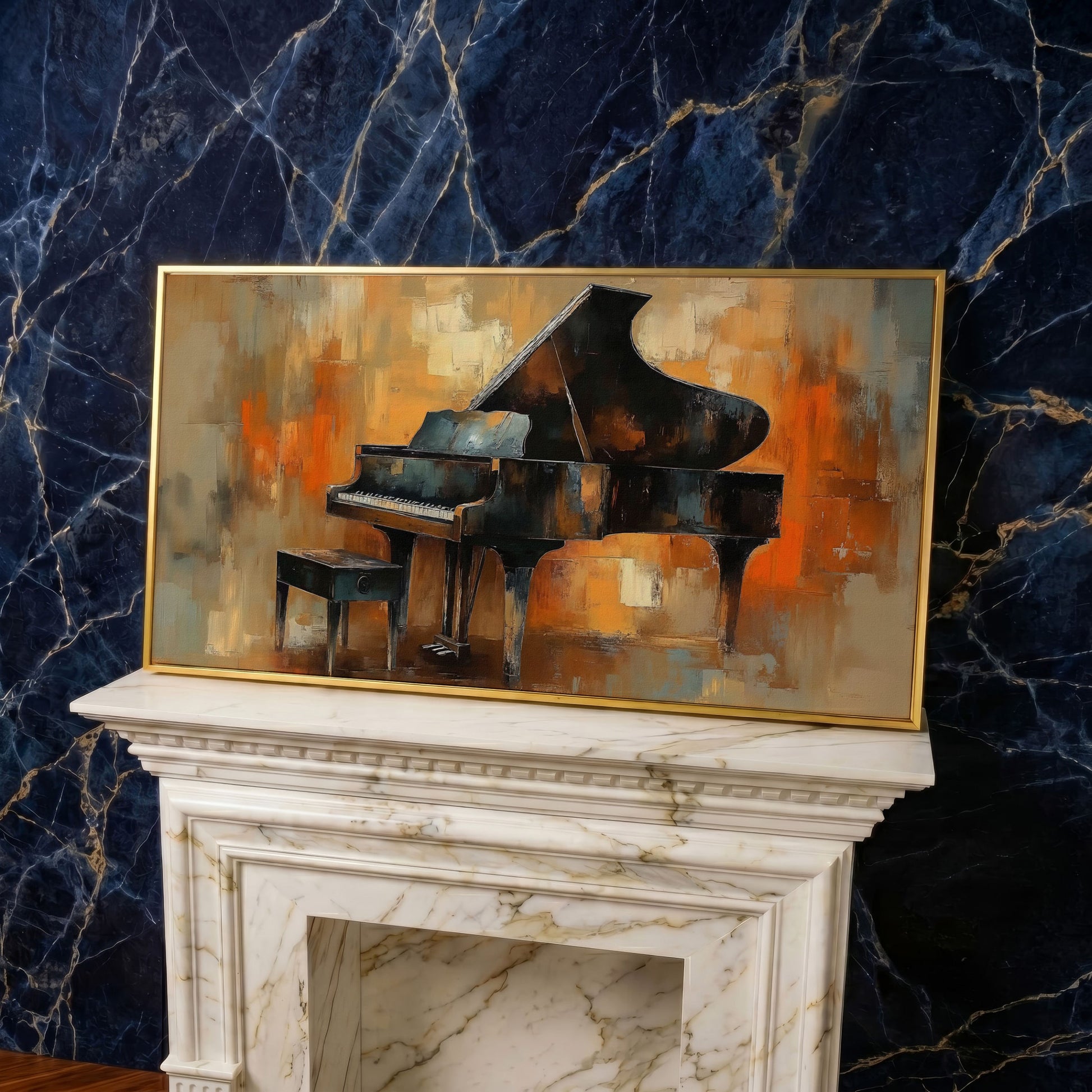 Grand Piano Canvas Wall Art in yellow gold floating frame