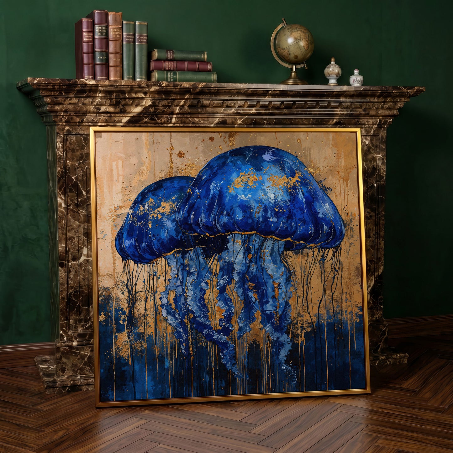 Mystical Jellyfishes Canvas in antique gold floating frame