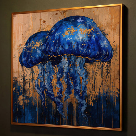 Mystical Jellyfishes Canvas shown in antique gold floating frame