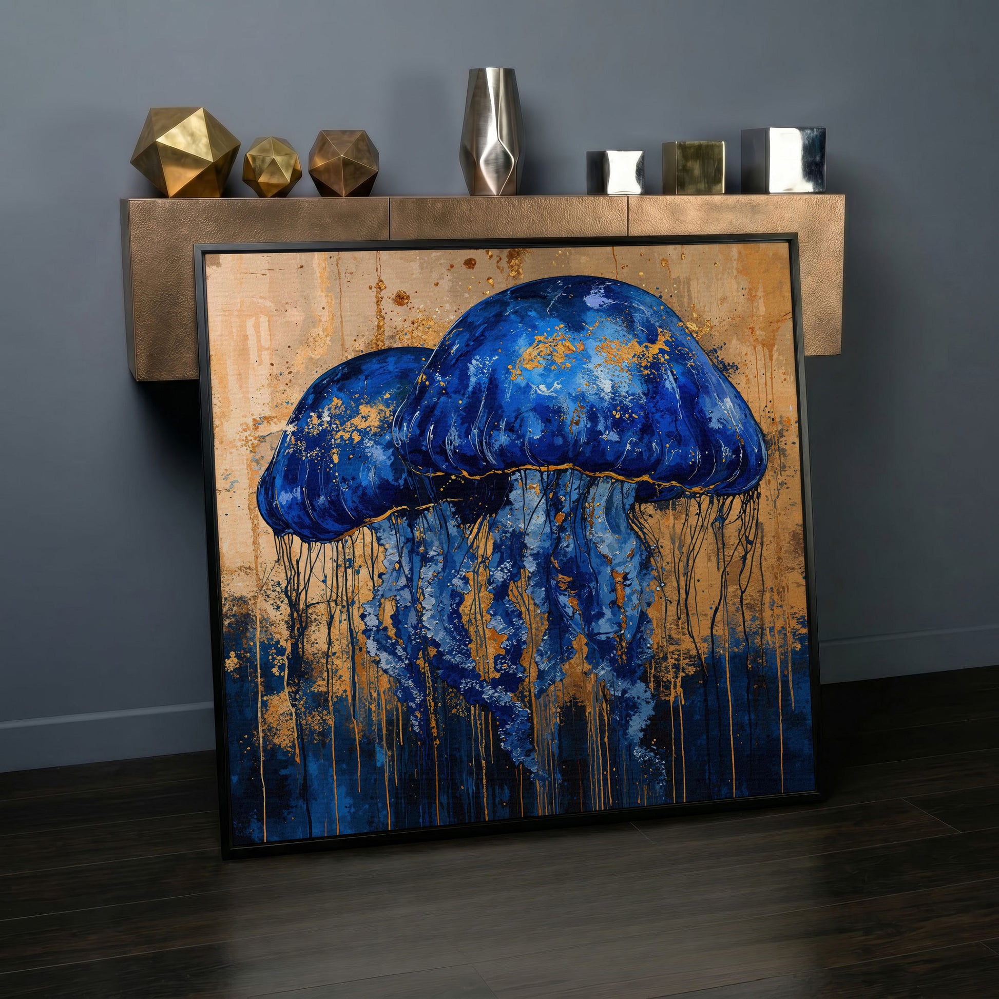 Mystical Jellyfishes Canvas in black floating frame