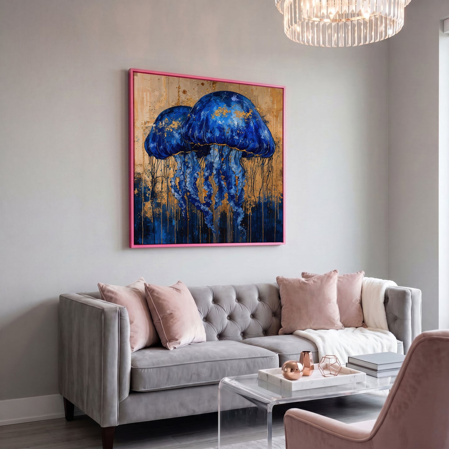 Mystical Jellyfishes Canvas in pink floating frame