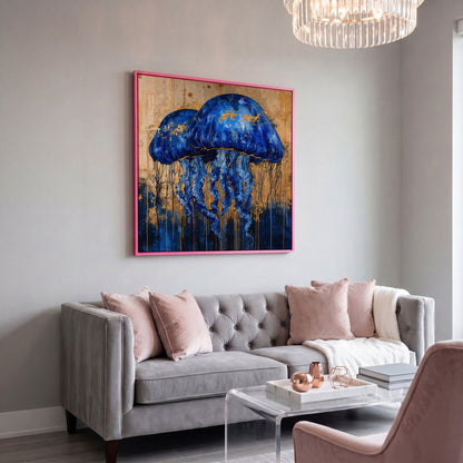 Mystical Jellyfishes Canvas in pink floating frame